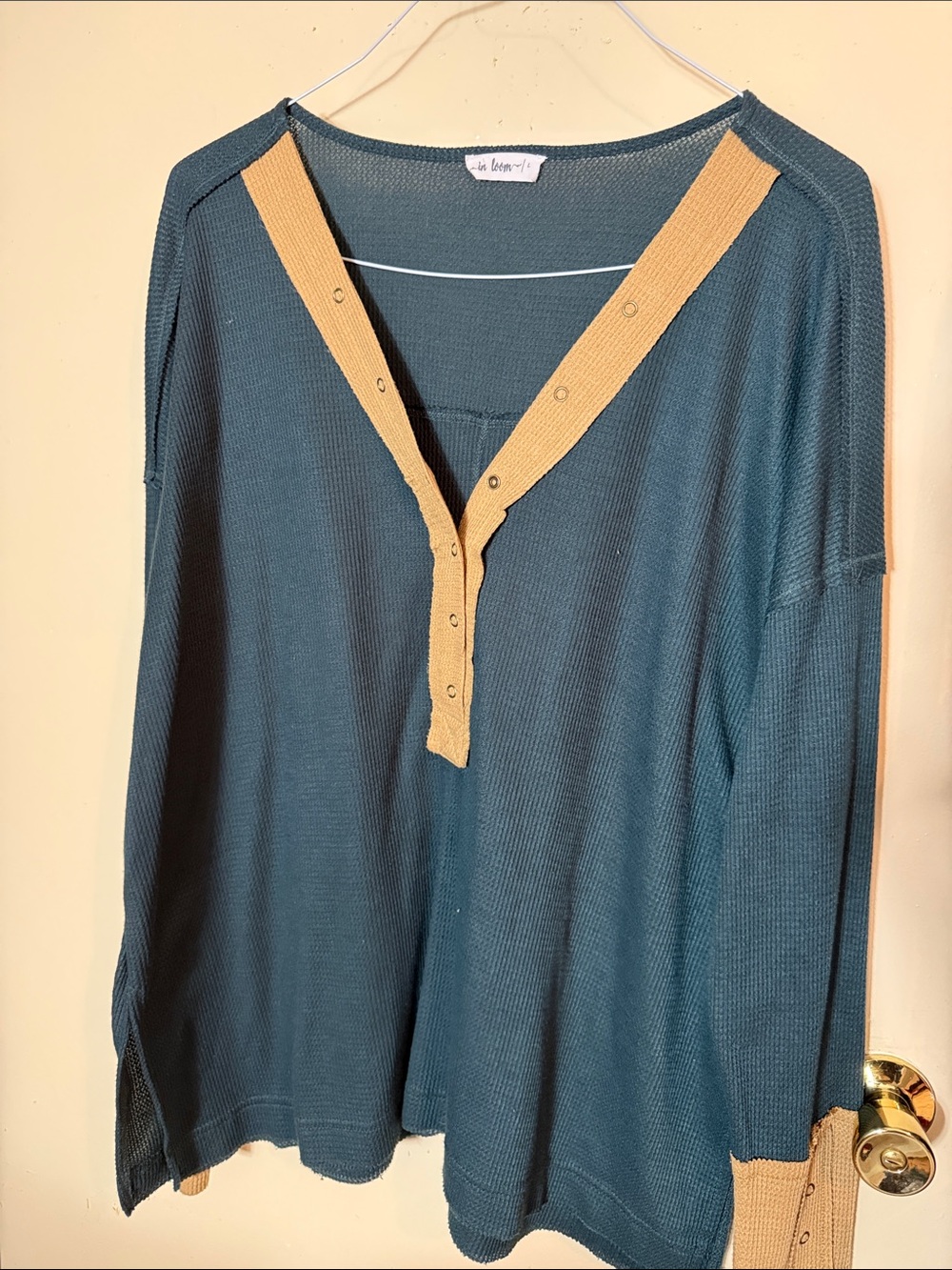 In Bloom Teal V-Neck Sweater with Tan Button Trim